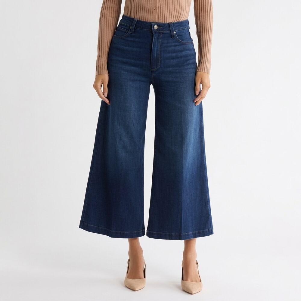 Paige Wide Leg Jeans Lennie High Rise Cropped Stretch Denim Blue Size 25